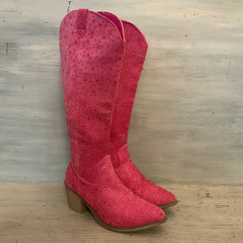 Pierre Dumas Hot Pink Faux Suede Rhinestone Embellished Cowgirl Boots 9 GC